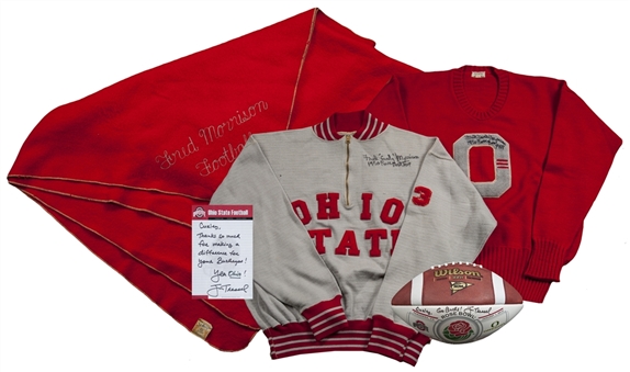 Fred Curly" Morrison Ohio State Football, Warm Up, Sweater (Circa 1949) and Jim Tressel   Note on Ohio State Stationary Signed Lot (5) (JSA and Morrison LOA)